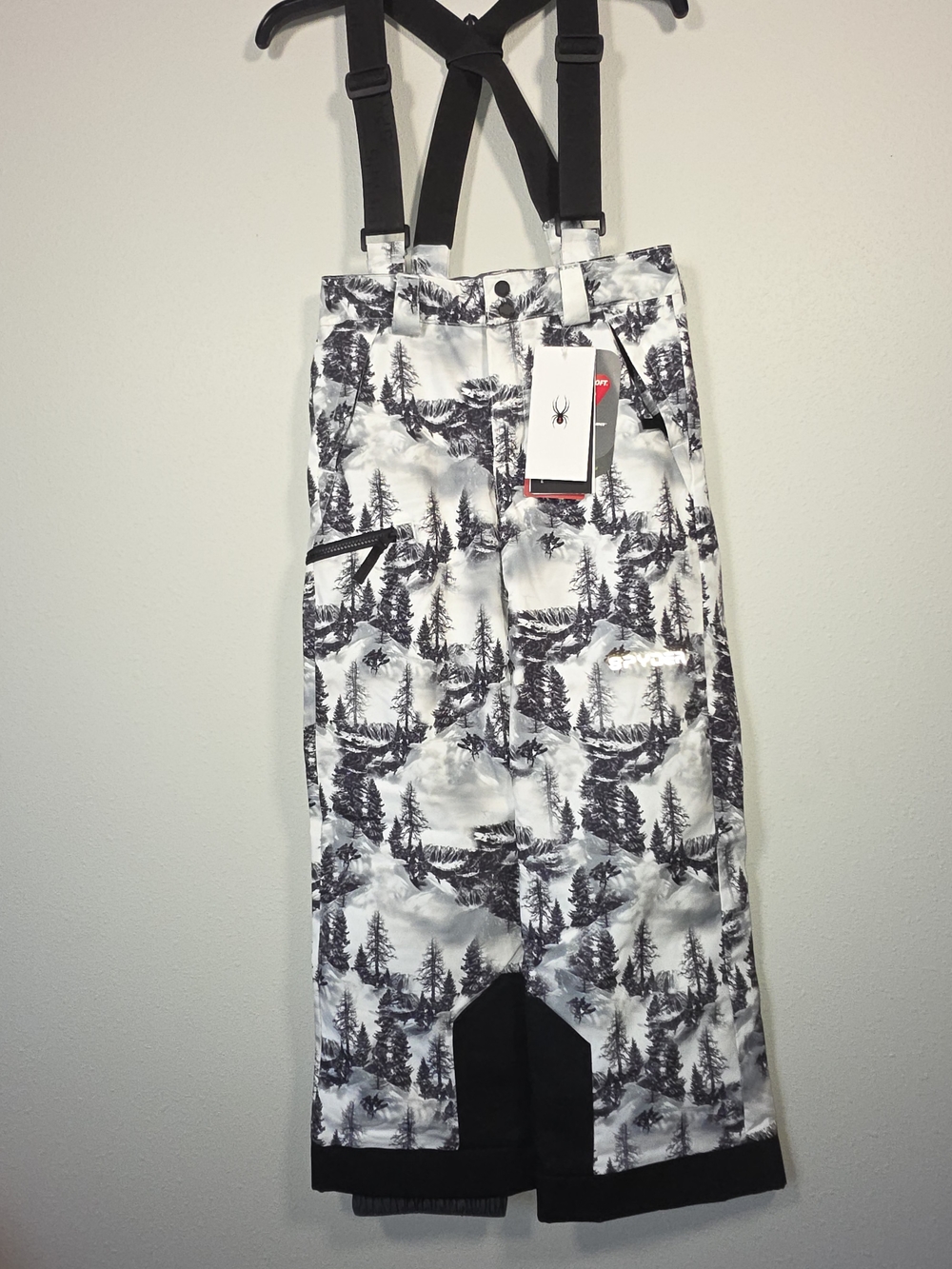 Spyder Kids Snow Pants with Suspenders - Black & White Tree Print